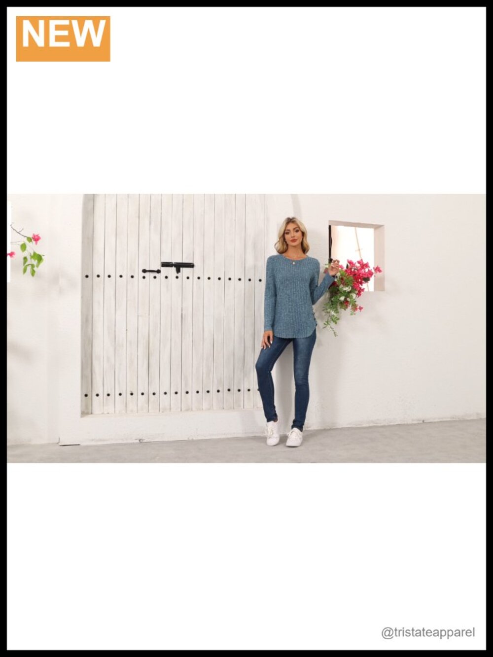 Long Sleeve Ribbed Knit Tunic Top Loose Fit Fall Sweater with Leggings - Picture 4 of 6